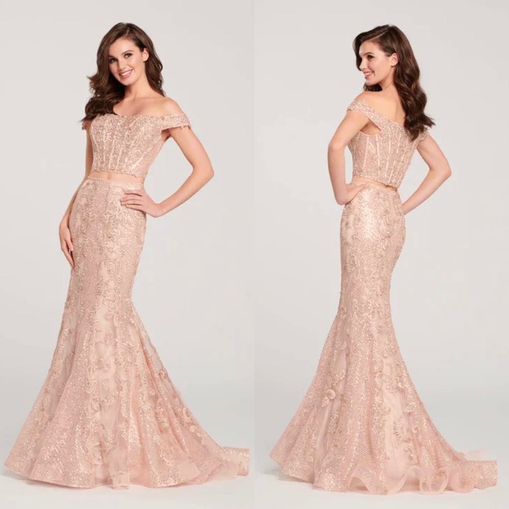 Ellie Wilde 2pc Lace Prom Gown Size 8 Rose Gold Rhinestone Sequin Dress NEW
